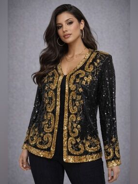 Vintage Jean for Joseph Le Bon Black & Gold silk Fully Sequined Jacket size M